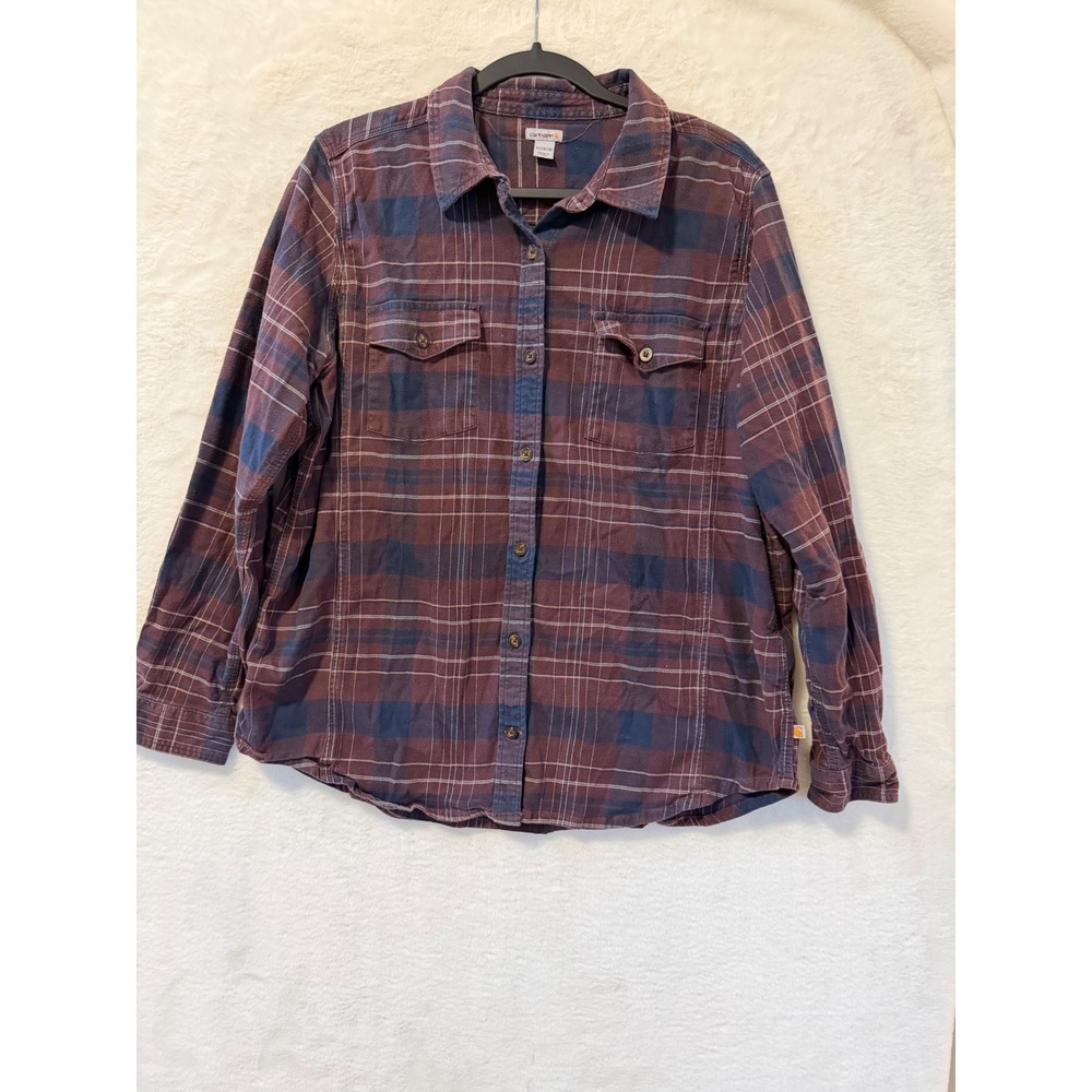 Carhartt Flannel Shirt Womens XL Maroon Navy Blue Plaid Button Down Long Sleeve